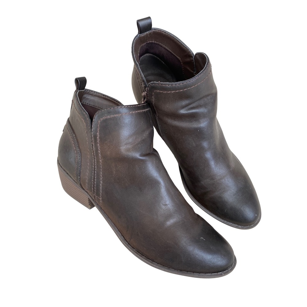 GUESS Brown Faux Leather Ankle Boots Side Zip Block Heel Women Size 8 1/2